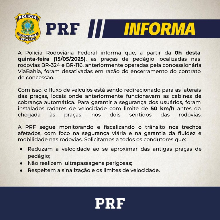 image-60 PRF emite alerta para tráfego nos pedágios das BR-324 e BR-116; saiba mudanças